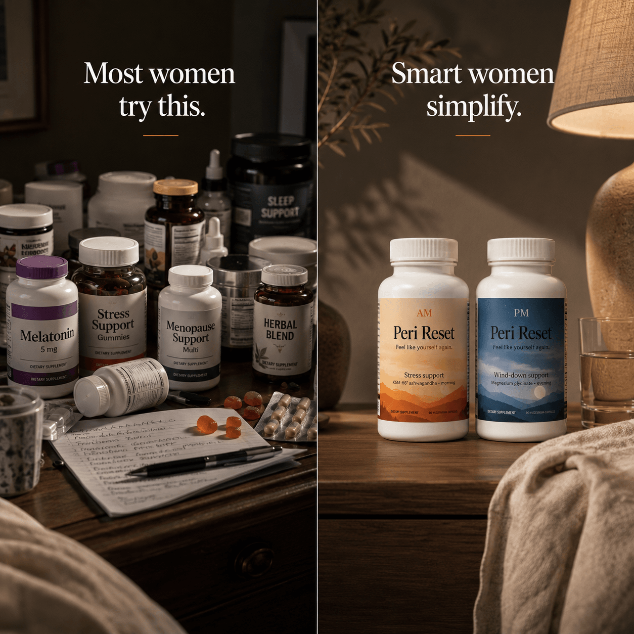 A cluttered nightstand of melatonin, gummies, and menopause blends beside two Peri Reset bottles on a calm nightstand.