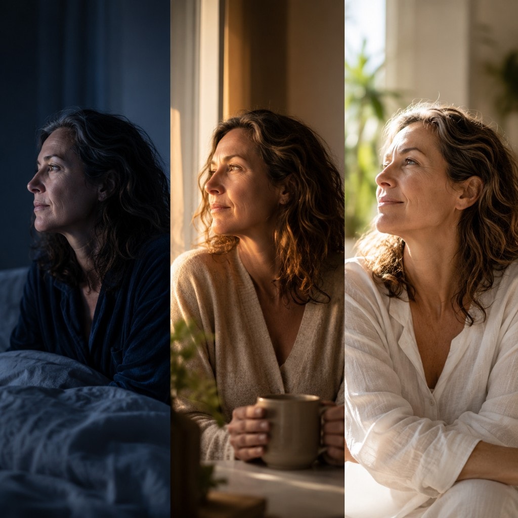 The same woman in three lights: awake in bed at night, holding a mug in warm morning light, then clear-eyed in midday.