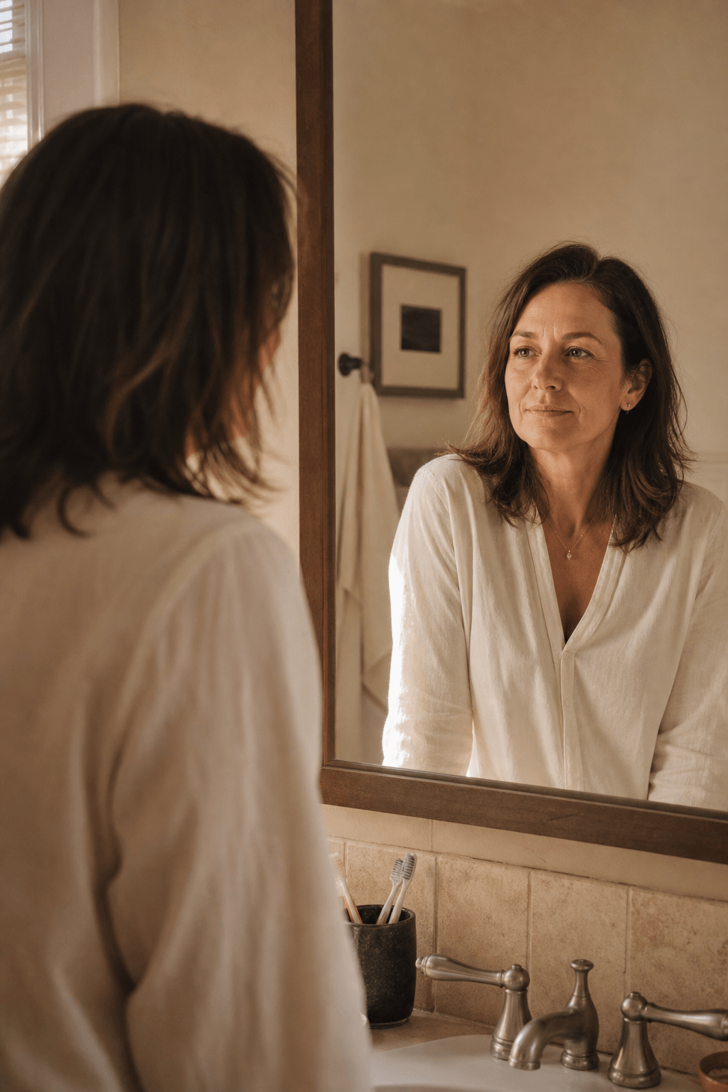 A woman around 50 at her bathroom mirror in morning light, looking at herself quietly. Not younger. Herself.