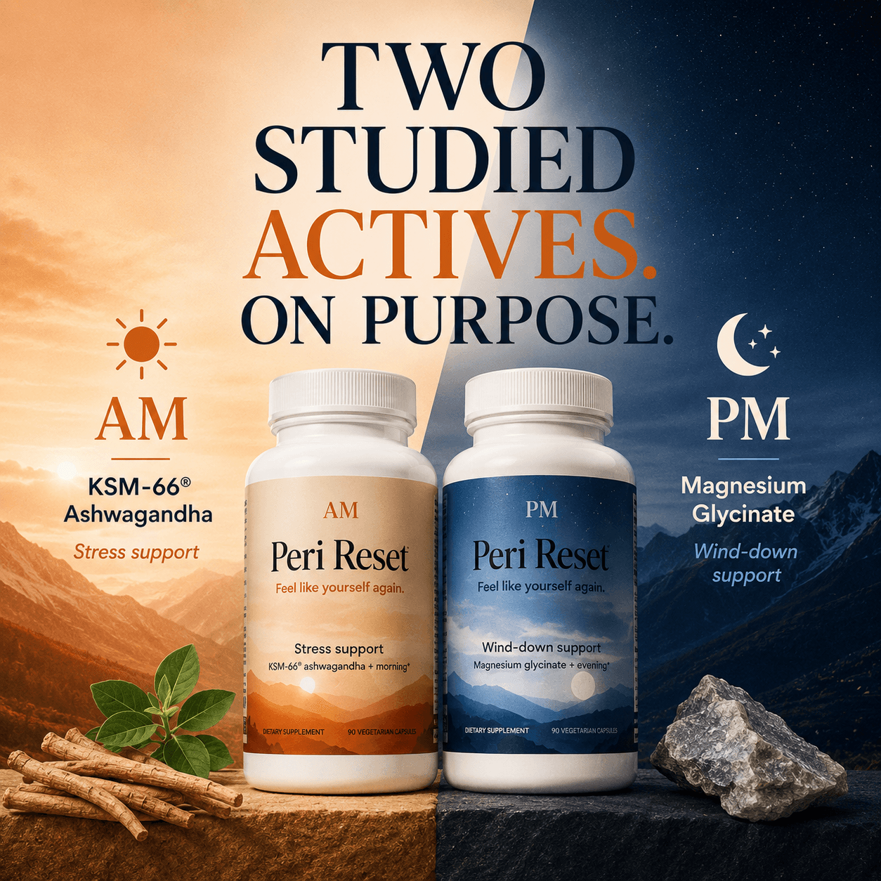 Peri Reset AM with KSM-66 ashwagandha root beside Peri Reset PM with a magnesium mineral, split from sunrise to night.