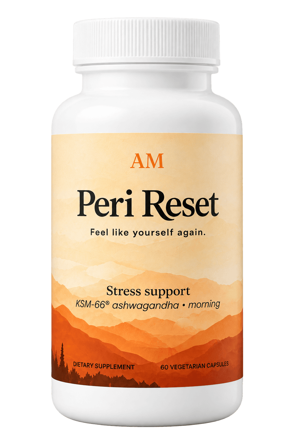 Peri Reset AM supplement bottle with ashwagandha for daytime stress