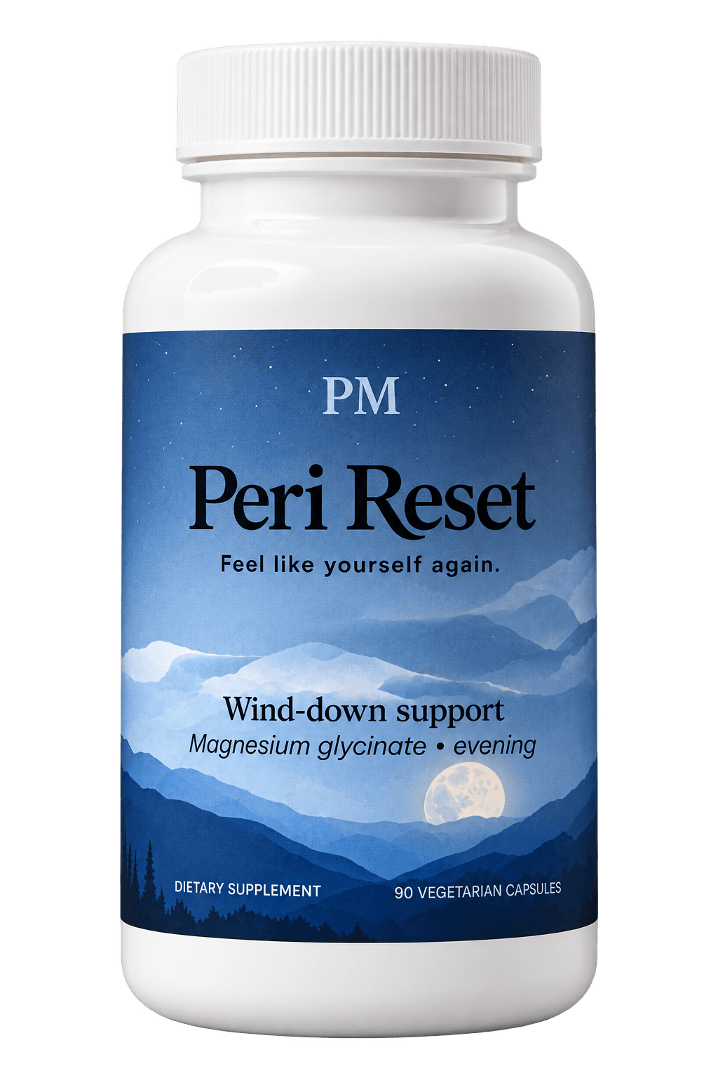 Peri Reset PM supplement bottle with magnesium glycinate for sleep