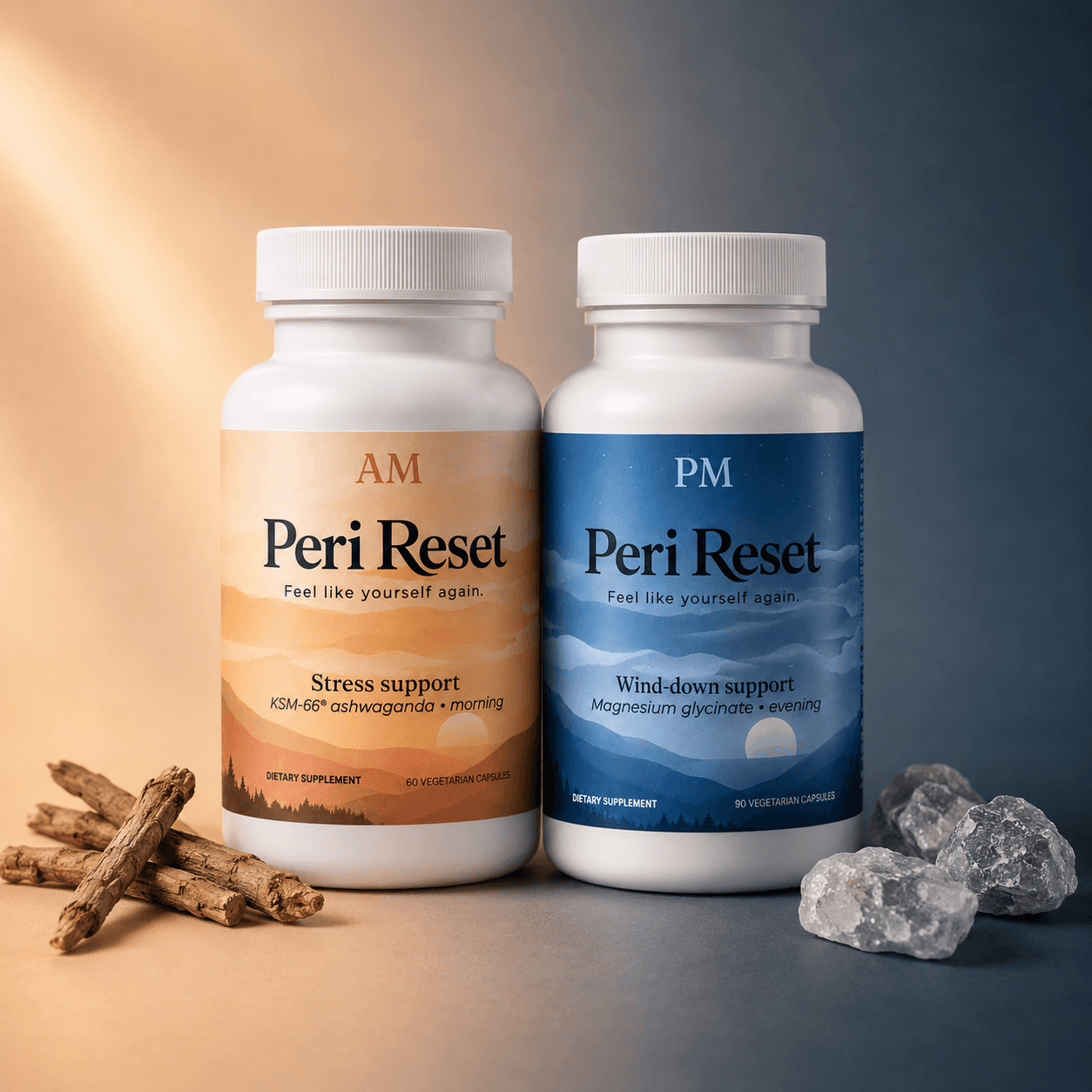 Peri Reset AM and PM bottles with ashwagandha root and magnesium crystals